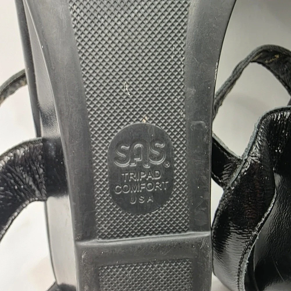 SAS Tripad Comfort Black Patent Leather Wedge Sandals Womens 8 N Made in USA